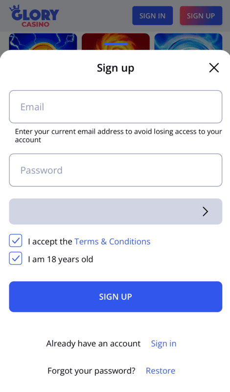 Registration form on the Glory Casino app